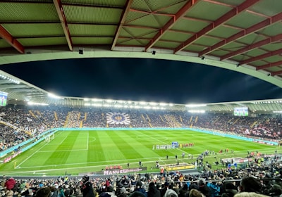 A large football stadium filled with spectators. The field is brightly lit, and two teams are positioned on the pitch. The stadium is covered, with a visible roof structure and stands filled with fans. Scoreboards are visible displaying game information.